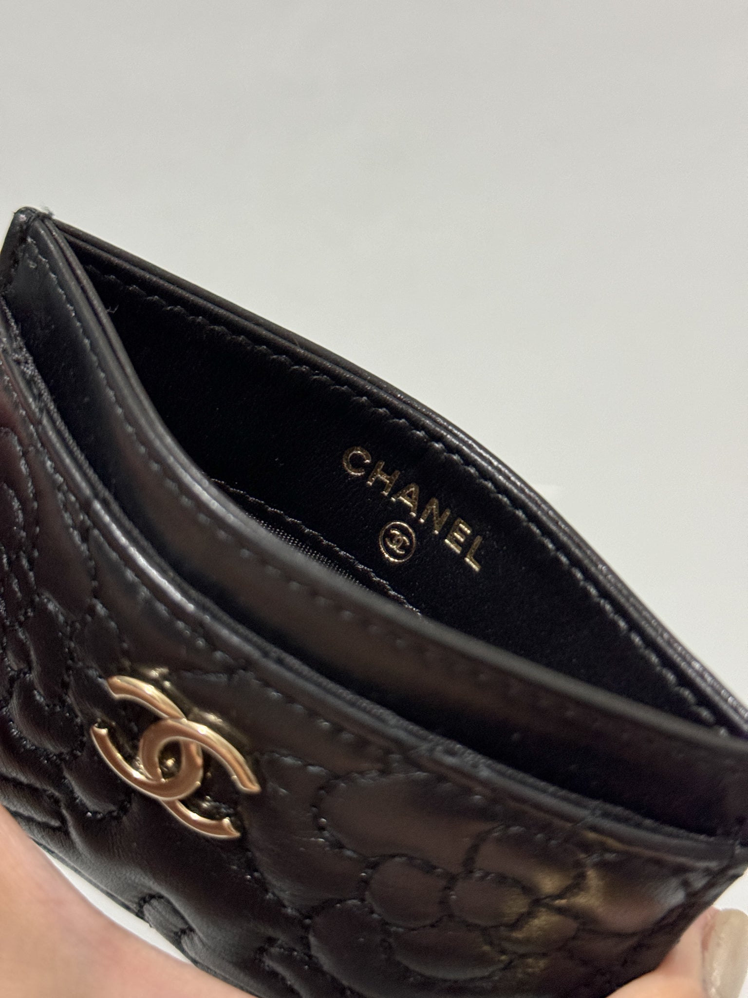 Chanel Camellia Black Lambskin Leather Light Gold Hardware Card Case Series 26