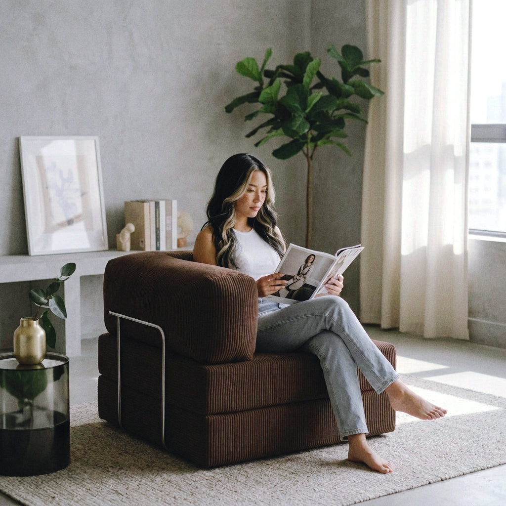 A woman sits barefoot in a brown corduroy armchair reading a magazine in a bright, modern room with a gray concrete wall, white curtains, and a large green plant.