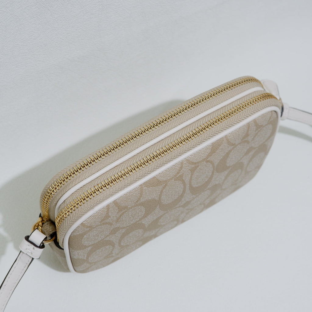 Coach Double Zip Crossbody Pouch in Light Khaki Chalk Signature Canvas