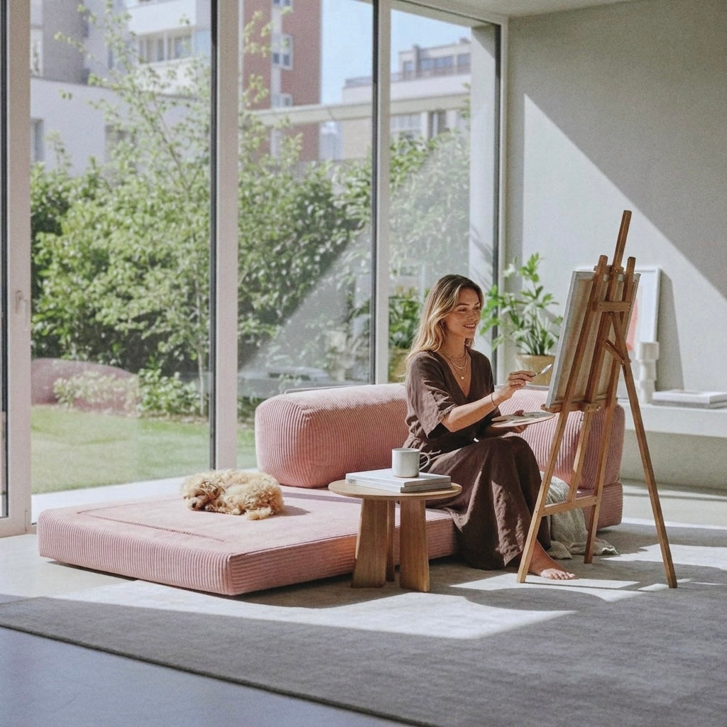 A woman sits on a pink cushioned floor sofa in a bright room, painting on an easel. A small dog rests on the sofa beside a small wooden side table with a mug.
