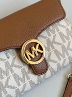 Michael Kors Tan and Off White Wallet on Gold Chain Crossbody Bag