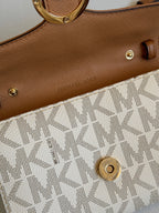 Michael Kors Tan and Off White Wallet on Gold Chain Crossbody Bag