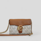 Michael Kors Tan and Off White Wallet on Gold Chain Crossbody Bag