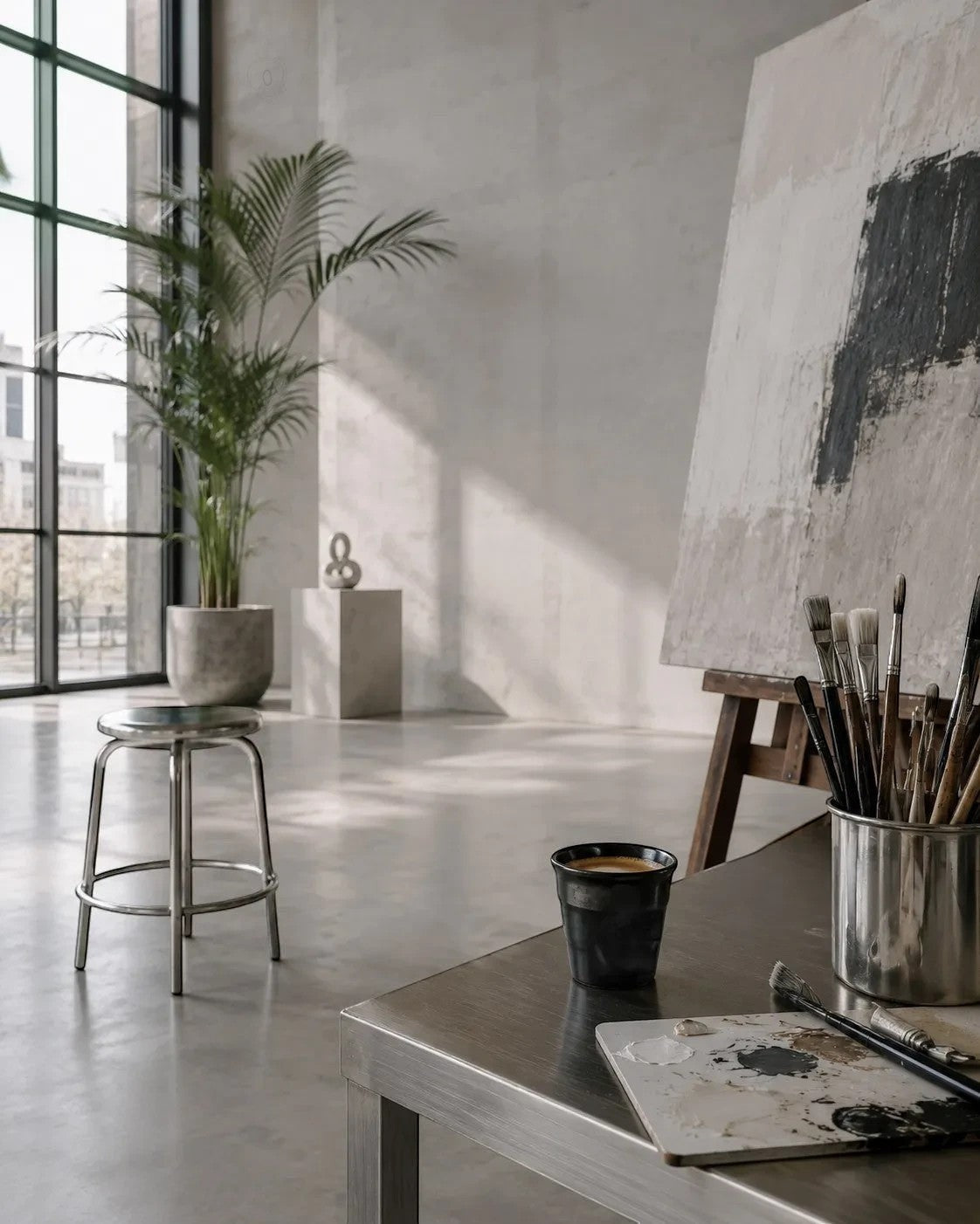 ESTYNE Studio black ceramic Form Cup sitting on an artist studio table next to paintbrushes and an easel